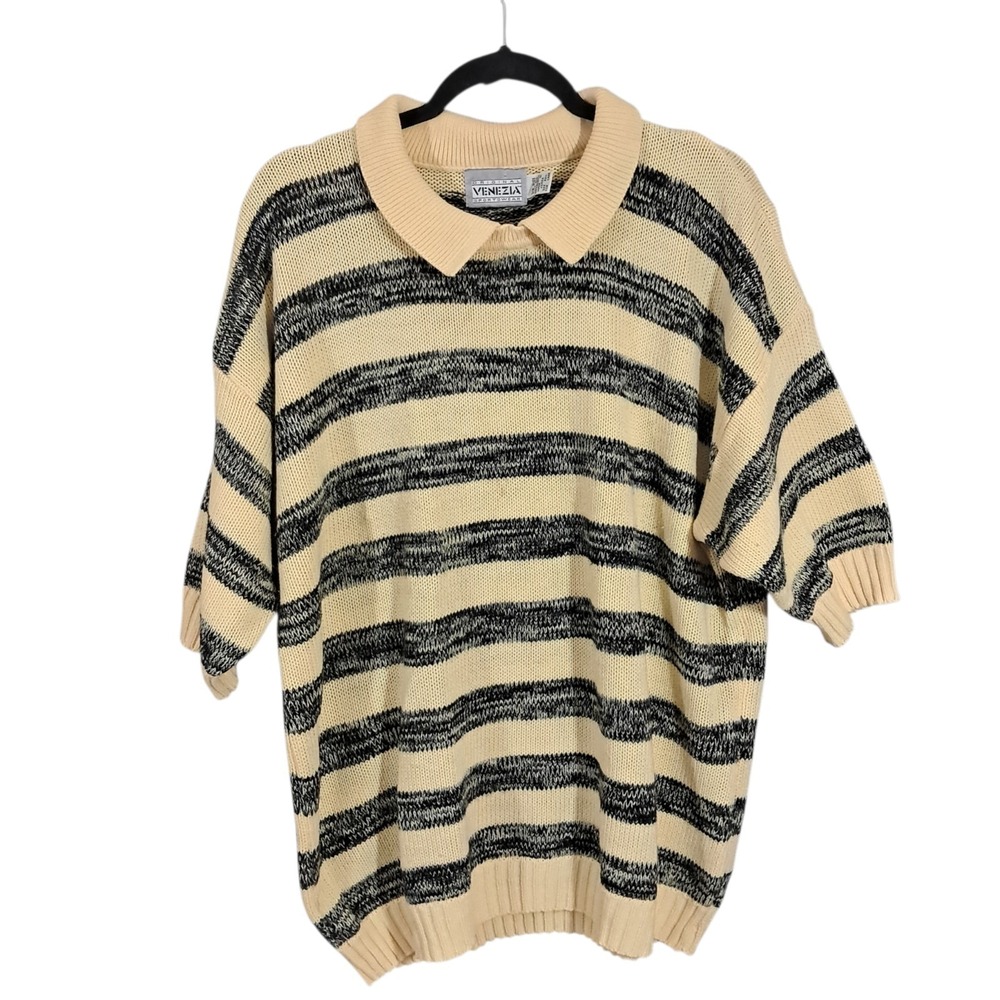 Vintage 90s‎ Venezia Womens Long Sleeve Polo Top Large Yellow Strippe Academia